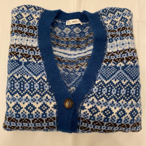 MANGO Button Fair Isle Cardigan NWOT Blue White - Picture 7 of 8
